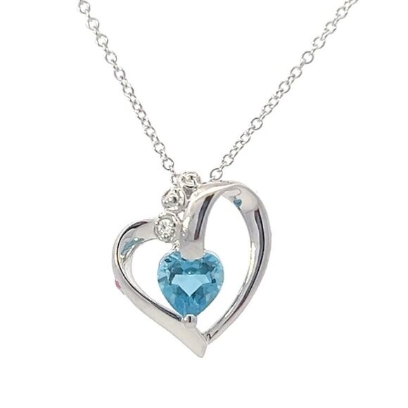 💛 10K White Gold Blue Topaz and 0.005cttw Diamond Heart Necklace - Picture 9 of 9